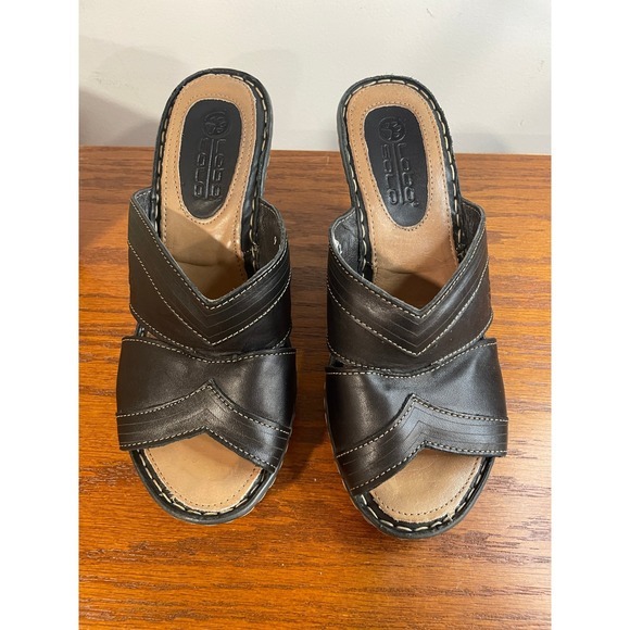 Lobo Solo Rubi Black Leather Wedge Heel Open Toe Mule Sandals 9‎ Slip On Comfort - Picture 2 of 13